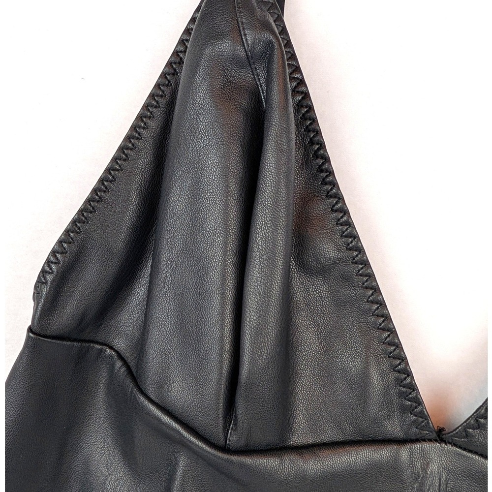Black Faux Leather V-Neck Mini Dress Empire Waist Adjustable Spaghetti Straps M - Picture 4 of 13